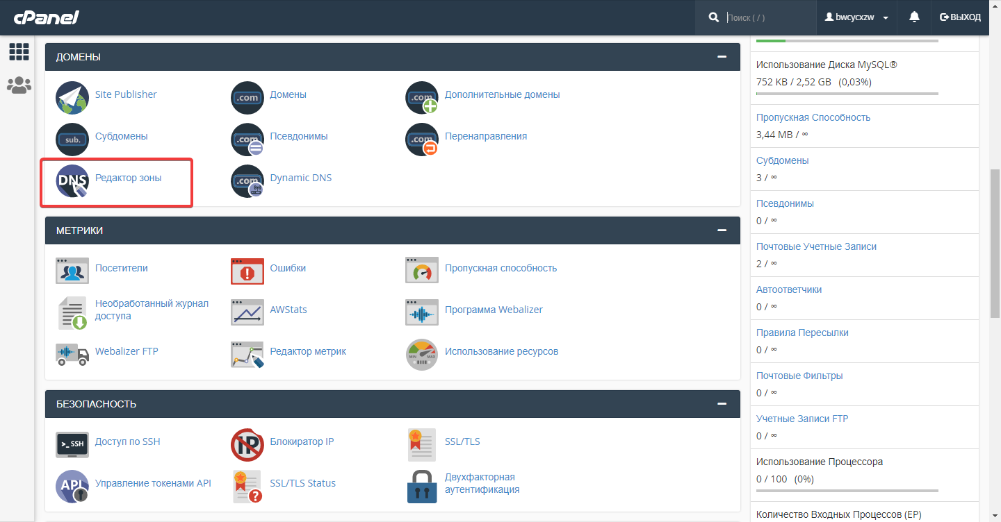 Редактор зоны DNS в Cpanel