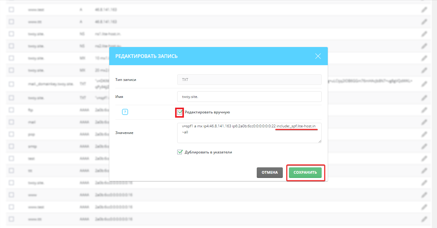 Сохранение SPF-записи в DirectAdmin