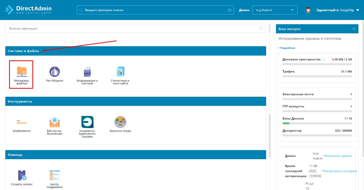 Менеджер файлов в DirectAdmin 