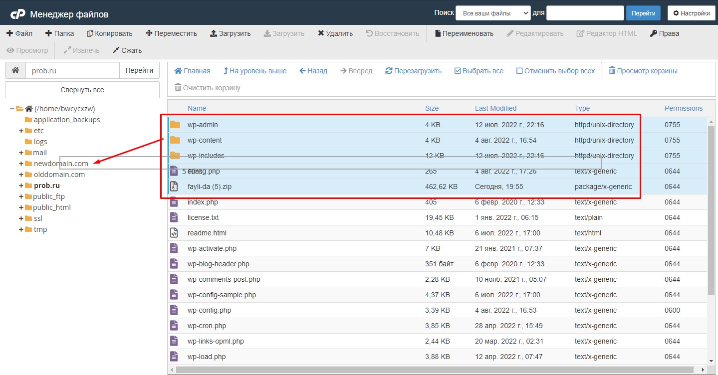 Перемещение файлов в Cpanel 