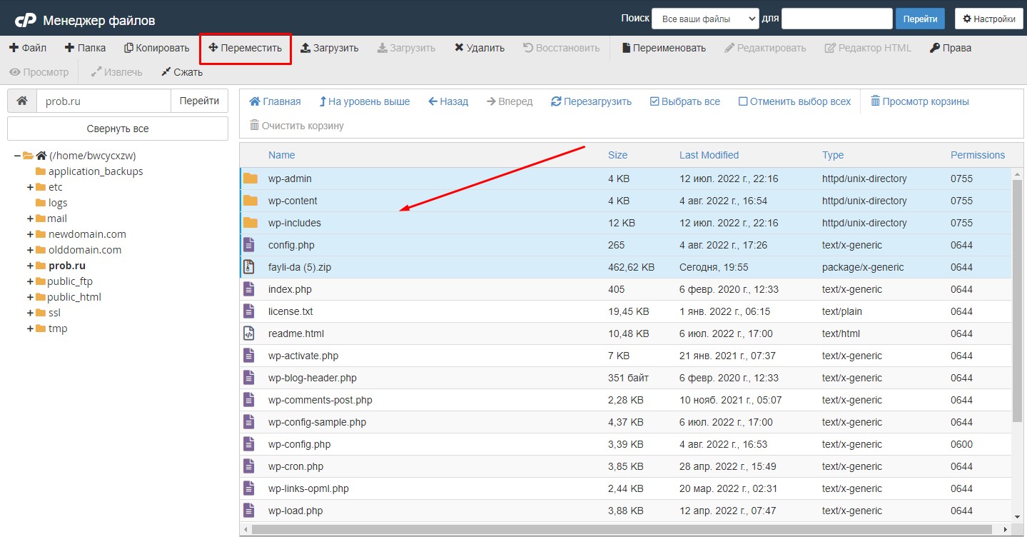 Перемещение файлов в Cpanel