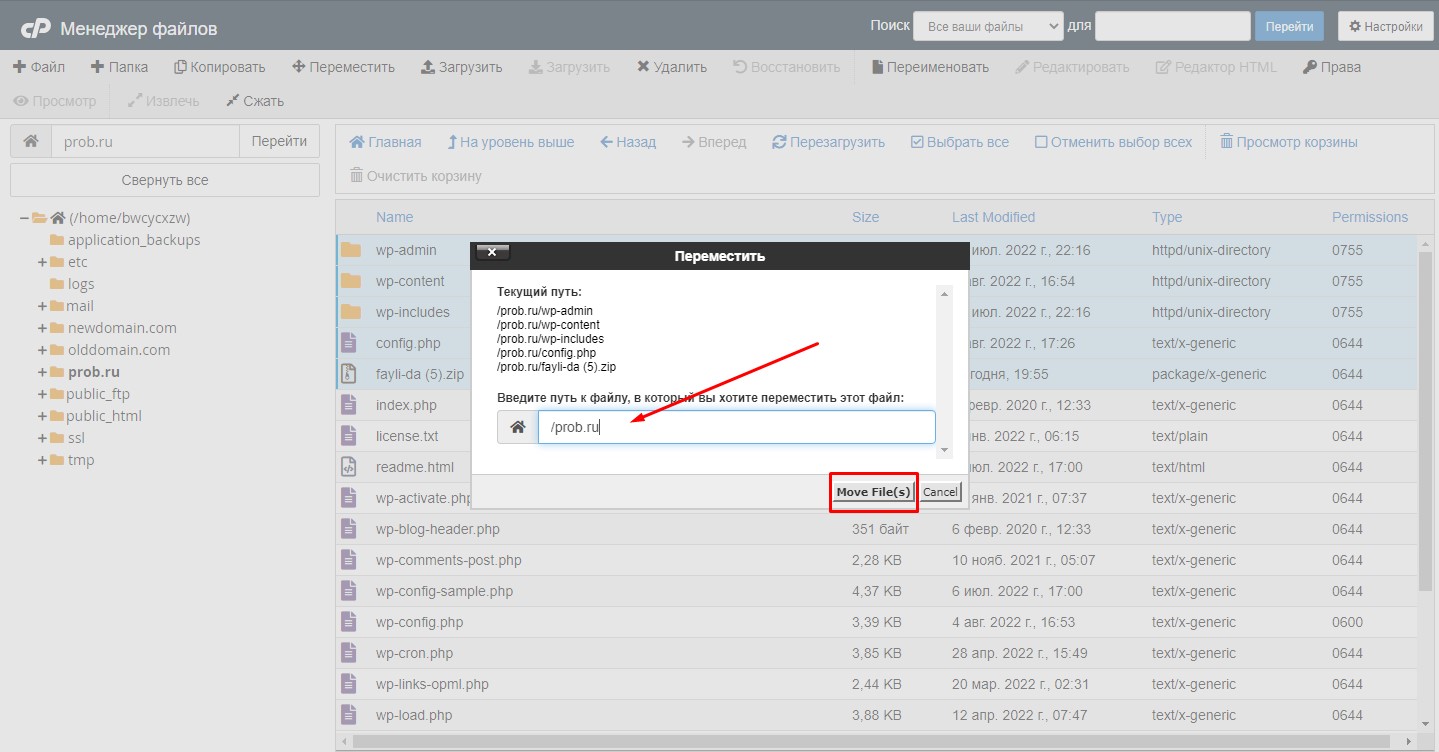 Перемещение файлов в Cpanel
